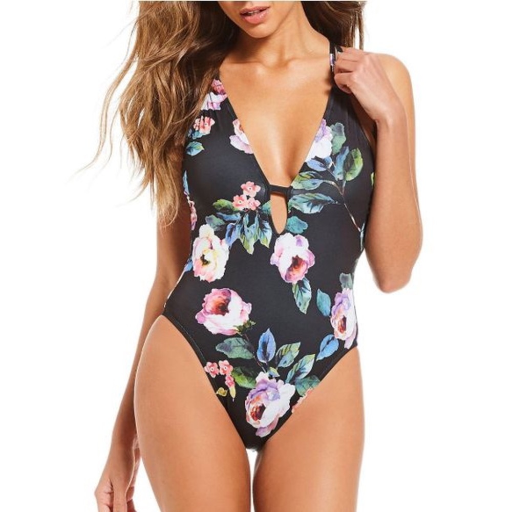 Gianni Bini Romantic Rose Floral Plunge One-Piece